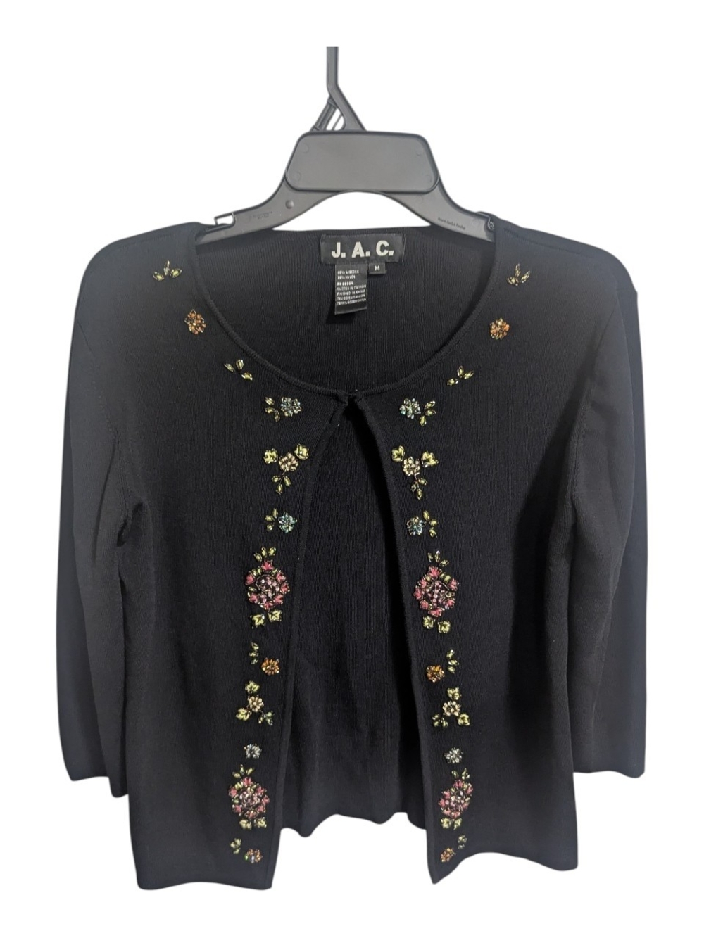 J.A.C. Women's Sweater Cardigan Sz Medium Black Beaded Floral 3/4 Vintage W-594